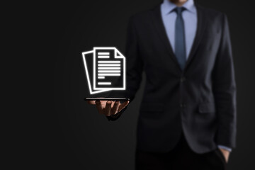 Businessman man holding a document icon in his hand Document Management Data System Business...