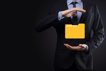 Businessman hold folder icon.Document Management System or DMS setup by IT consultant with modern...