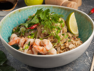 pad Thai noodles with shrimp and peanuts. Asian cuisine