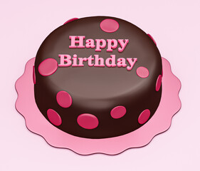 Chocolate cake with text happy birthday on pink background. 3D rendering, 3D illustration.