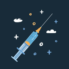 Vector illustration of Syringe with blue vaccine on dark backround.