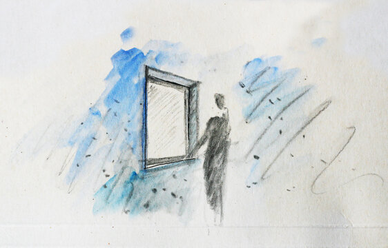 Zeichnung - Eine Person steht alleine am Fenster und schaut in die Ferne. Ausgeschlossen durch Gefühle der Einsamkeit und des Alleinseins.  Corona und Kontaktbeschränkung