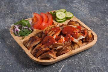 pide with meat and vegetables on a wooden Board. Turkish cuisine