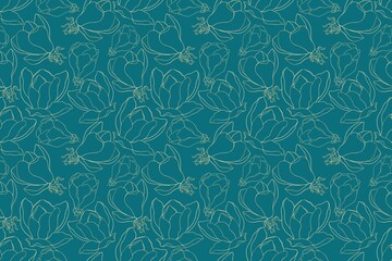 Beautiful seamless pattern of golden magnolia flowers on a dark green background © Александра Уткаева