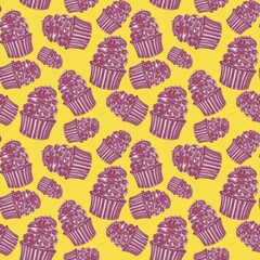 Bright, fun, pattern of purple cupcakes on a yellow trendy background