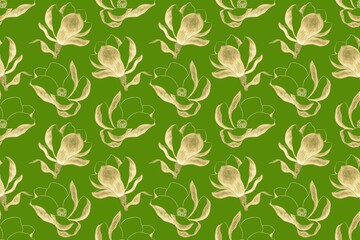 Bright, juicy, seamless pattern on light green background, gold illustrations of magnolia flower