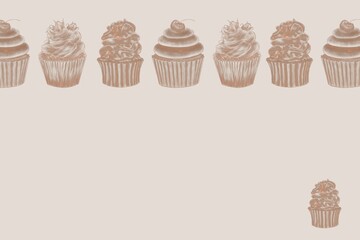Business card template for a pastry chef with linear shiny illustrations of cupcakes on a beige background