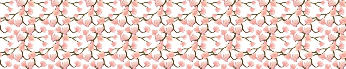 Long seamless pattern with magnolia flowers and branches on a white background