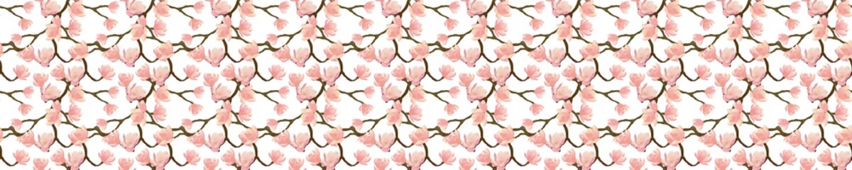 Long seamless pattern with magnolia flowers and branches on a white background