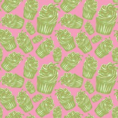 Pattern of green, hatched cupcakes on a pink background, confectionery packaging design