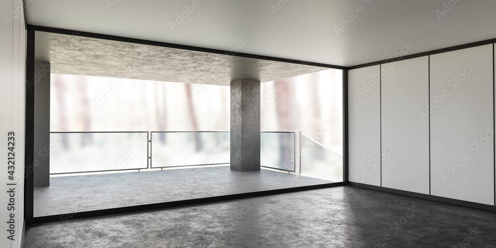Poster empty lofty room in the forest with big windows and bright day lighting 3d render illustration