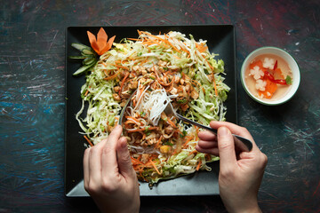 Tofu Teriyaki with rice noodle and salads, chinese traditional food