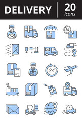 Delivery icons set. Vector linear symbols collection. Contains such signs as courier with box, truck, ship and more.