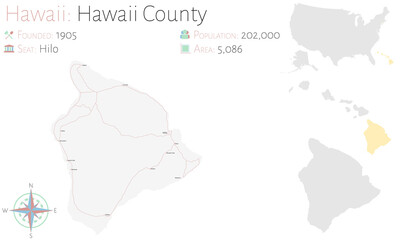 Large and detailed map of Hawaii county in Hawaii, USA.