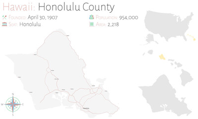 Obraz premium Large and detailed map of Honolulu county in Hawaii, USA.