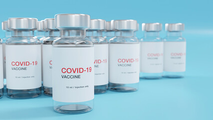 3d render. Creative design for Covid-19 coronavirus vaccine bottles for intramuscular injections. Coronavirus (2019-nCoV virus) cure manufacture, flu treatment drug pharmacy production concept.