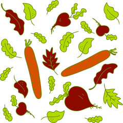 Vector pattern in bright summer colors, vegetables (beets and carrots) and leaves
