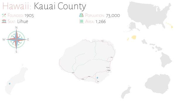 Large And Detailed Map Of Kauai County In Hawaii, USA.