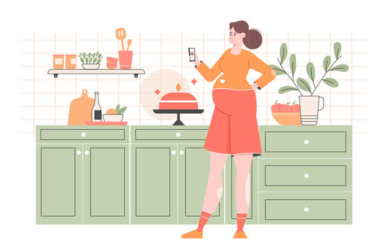 Pregnant mommy blogger. A woman is standing in the kitchen and filming a food video blog. Cake cooking. Vector flat illustration.