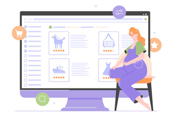 Pregnant mom-to-be and a giant monitor. Buying and selling goods online. Children's things, toys. Fast and secure online transactions. Website for sellers and buyers. New life of old things. Vector.