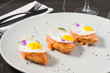 bruschetta with salmon and egg on a plate on a dark background