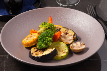 tasty grilled vegetables and mushrooms. Vegetarian food