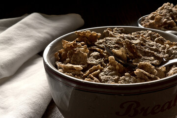 Close-up horizontal frame shot of a bowl of cereal with milk next to a napkin