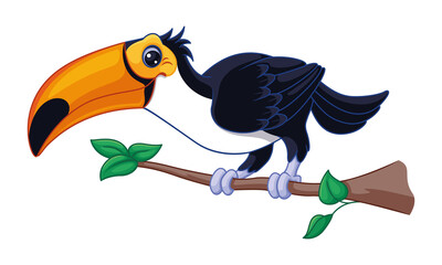 Cartoon toucan on branch  vector illustration, tropical bird