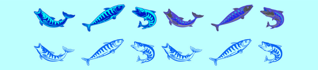 set of mackerel fish cartoon icon design template with various models. vector illustration isolated on blue background