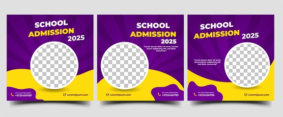 Set of School admission social media post design. Modern promotional banner design with purple and yellow background color and place for the photo. - obrazy, fototapety, plakaty