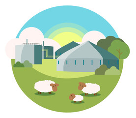 Illustration of a biogas power plant landscape. Can be used as a background or infographic on renewable energy, gas, industry, electricity.  - obrazy, fototapety, plakaty