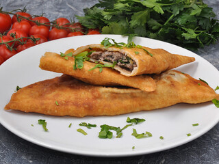 cheburek with beef and greens on a white plate