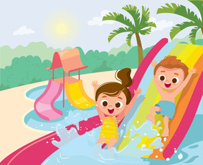 Vector. Children ride water slide with splash in the water park. Laughing kids have fun sliding in amusement park. Joyful kids rsummertime elaxation. Exhilarating rides.
