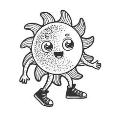 Cartoon sun walking sketch engraving vector illustration. T-shirt apparel print design. Scratch board imitation. Black and white hand drawn image.