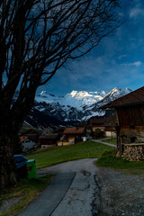 Frühling im Berner Oberland, Adelboden mit Grosser Lohner, Steghorn und Wildstrubel, frisch verschneit, snow from yesterday in spring on the Swiss mountains, illuminated peaks
