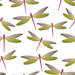 Dragonfly cool seamless pattern. Spring clothes fabric print with darning-needle insects. Isolated