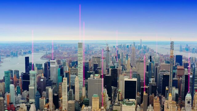 Smart Network, light beams connecting on city background - 3d render animation