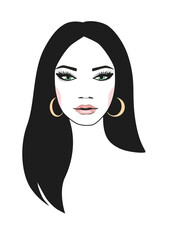 Vector illustration of young woman. Fashionable and stylish brunette girl. Isolated character, avatar.