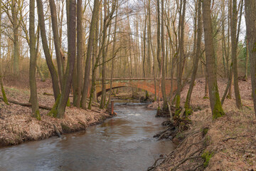 Czerwony, ceglany most nad rzeką płynącą przez las. - obrazy, fototapety, plakaty