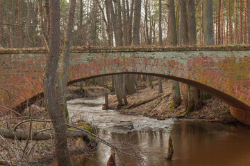 Czerwony, ceglany most nad rzeką płynącą przez las.