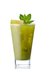 Cold refreshing lemonade with matcha tea, lime and mint isolated on white