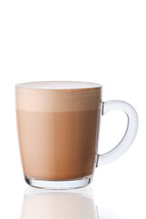 Cup of hot cocoa drink in transparent glass isolated on white