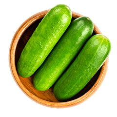 Fresh snack cucumbers in a wooden bowl. Group of small, young and whole cucumber fruits, lined up...