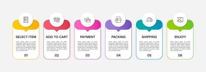 Concept of shopping process with 6 successive steps. Six colorful graphic elements. Timeline design for brochure, presentation, web site. Infographic design layout.