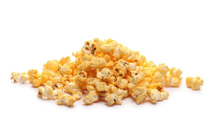 Spicy pepper flavored popcorn pile isolated on white background