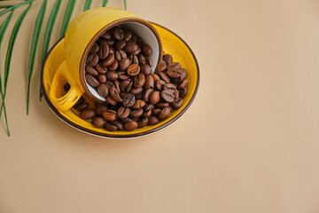 Arabica coffee beans in bright exotic yellow cup