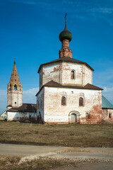 Russian old church, Orthodox Holy Cross church in Suzdal in spring, Time-worn building with...