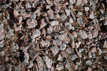 Small granite stones lie on the ground. A scattering of small granite stones of various shapes lying on a flat surface. Multi-colored stones consist of shades of brown, red, gray, black.