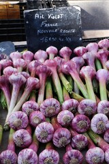 Étal de marché avec de l'ail violet