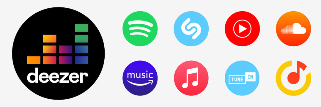 Deezer, Amazon music, SoundCloud and Spotify. Google and Apple music podcast. Editorial logo of cloud media platform. Rivne, Ukraine - May 6, 2021